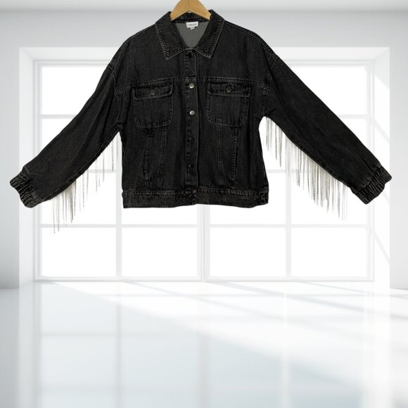 Le Lis Tassel Denim Jacket M | Black Wash Rhinestone Chain Fringe Cotton Western - Picture 4 of 16